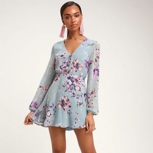 NWT Lululs Always Yours Light Blue Floral Print Long Sleeve Skater Dress Size XS